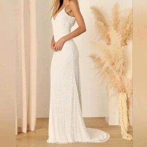 Lulu's Bridal Cherished Vow White Beaded Backless Mermaid Maxi Dress Bride Party